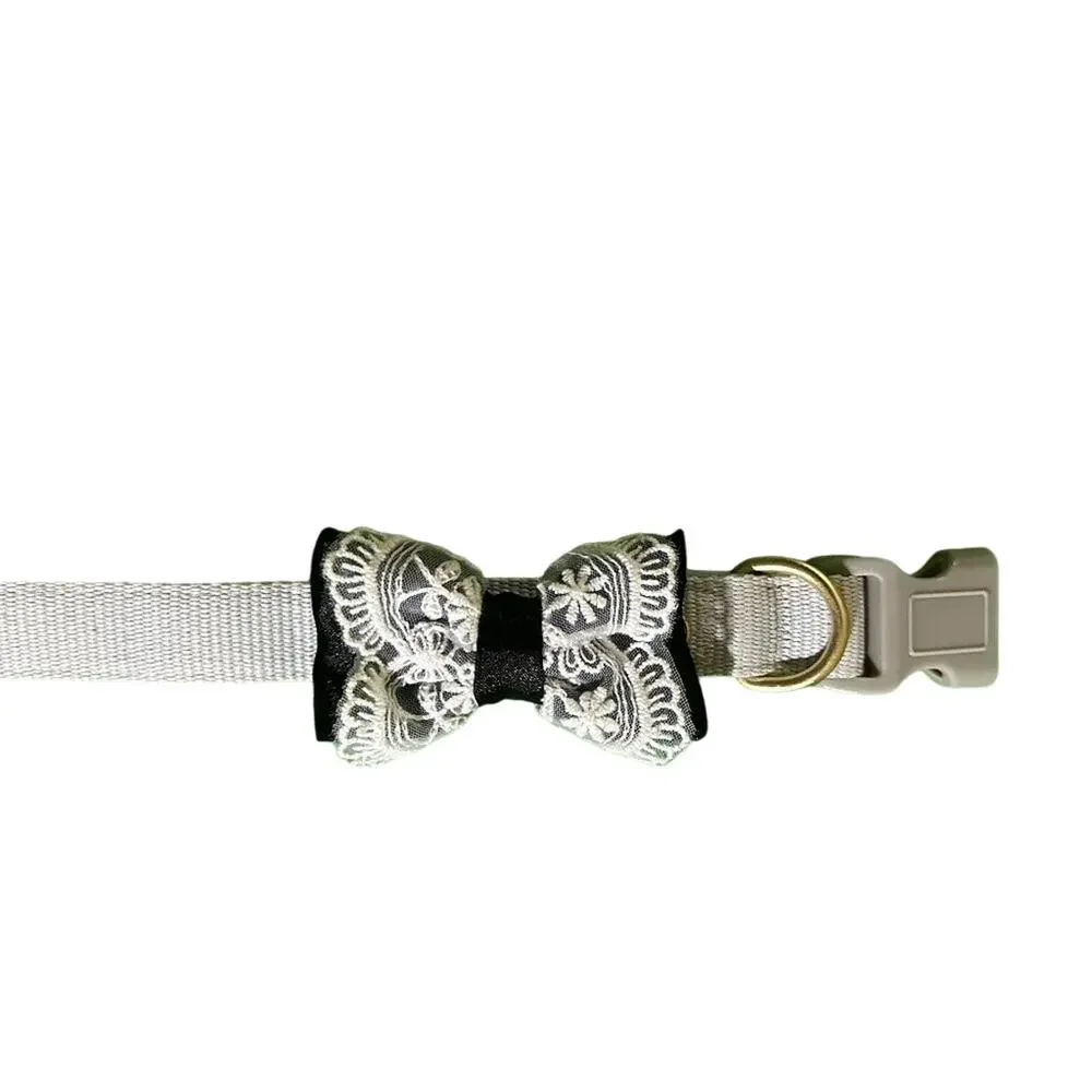 Light Grey with black trim dog collar - Lace bow - Size Medium